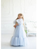 Puff Sleeves Blue Tulle Pearl Flower Girl Dress